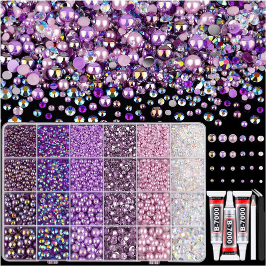 9000PCS Flatback Pearls and Rhinestones for Crafting, Purple 3-10mm Resin Rhinestones and Half Pearls for Bedazzling, Nail Art and Dec with 3pcs B7000 Jewelry Glue, Tweezer and Pickup Pencil-Velvo Beauty
