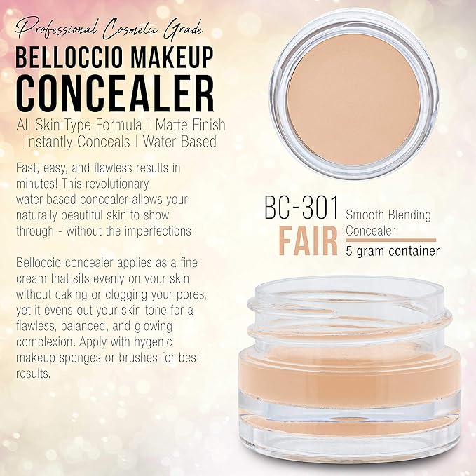 Belloccio High Definition Fair Shade Makeup Concealer 5 gram Jar - Conceal Imperfections, Hide Blemishes, Dark Under Eye Circles, Cosmetic Cream - Use Under Airbrush Foundation-Velvo Beauty