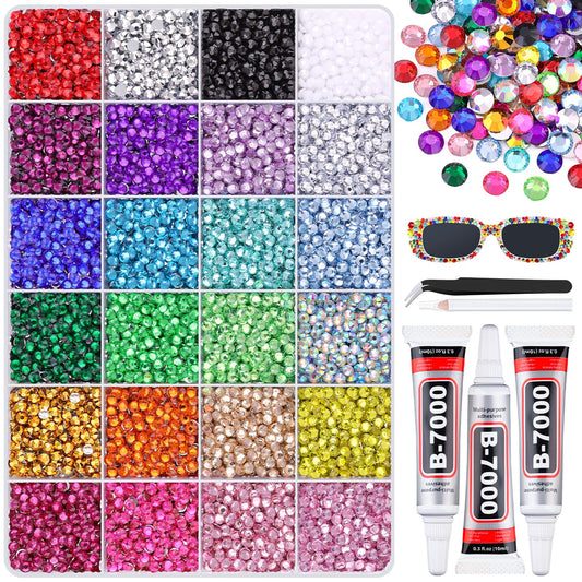 12600Pcs Resin Rhinestones with 3Pcs B7000 Jewelry Glue for Crafting, Multicolors 4mm Non Hotfix Flatback Gems, Bedazzling Crystal for DIY Crafts Clothing Tumblers Mugs Shoes Fabric Decor Nail Art-Velvo Beauty