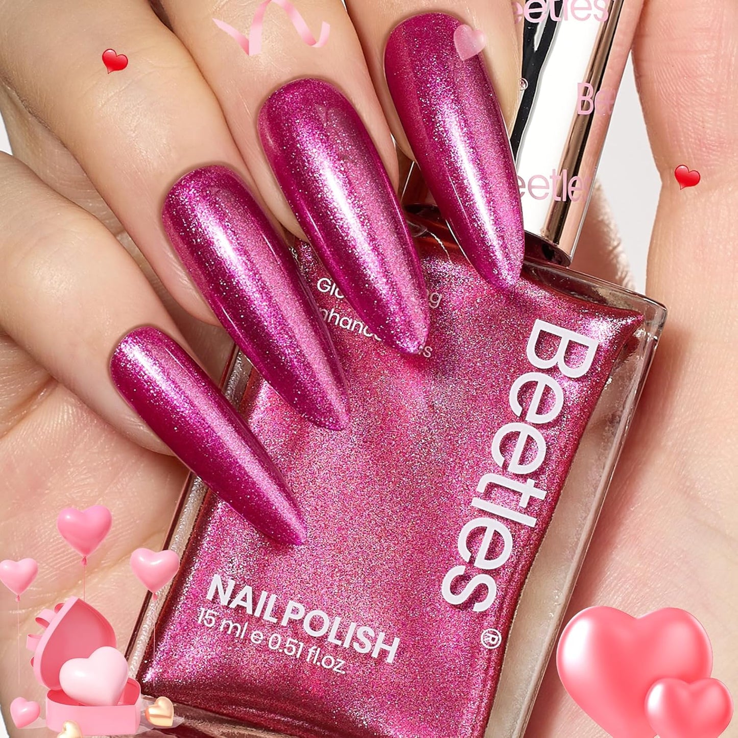Beetles Hot Pink Nail Polish 15ml, Valentines Day Gifts for Women Fast Drying & Long Lasting Glitter Nail Polish Pink Nail Lacquer Glossy for DIY Nail Salon-Quality Results-Velvo Beauty