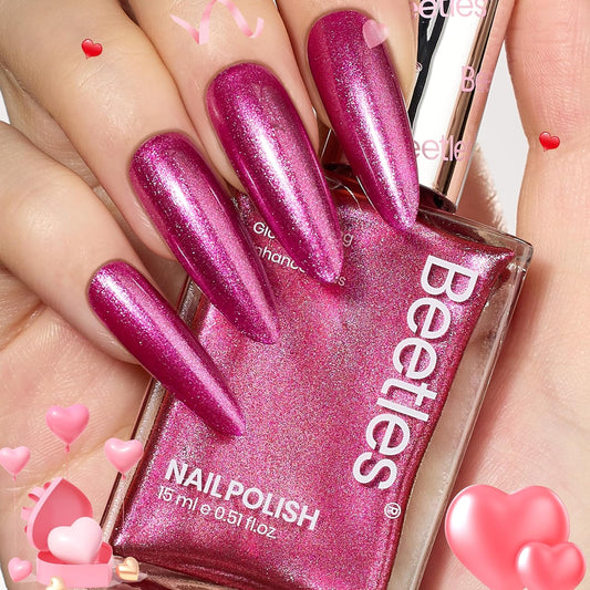 Beetles Hot Pink Nail Polish 15ml, Valentines Day Gifts for Women Fast Drying & Long Lasting Glitter Nail Polish Pink Nail Lacquer Glossy for DIY Nail Salon-Quality Results-Velvo Beauty