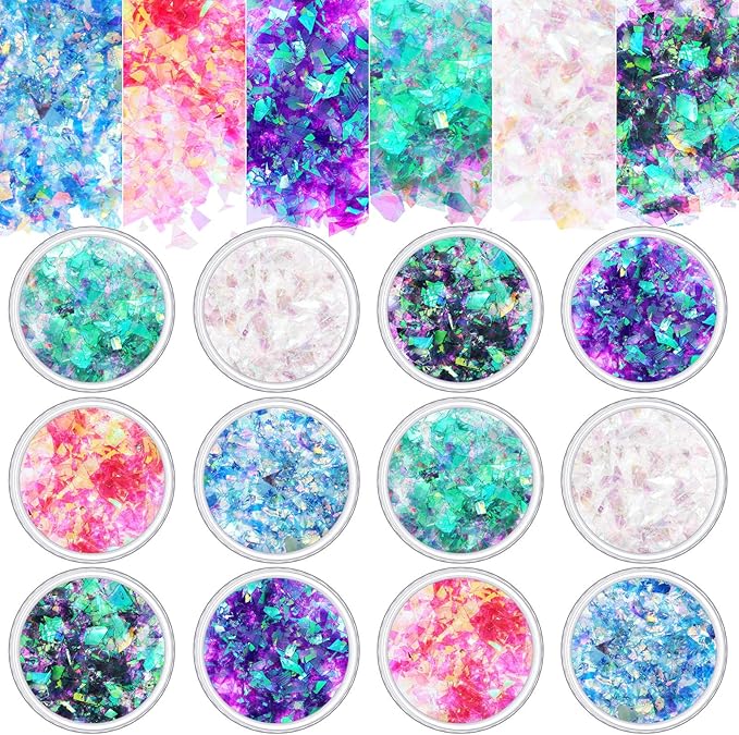 18 Boxes Mermaid Iridescent Chunky Glitter Flakes Chrome Nail Sequins Aurora Holographic Mermaid Nail Glitter Flakes Glitters Chunky Iridescent Flakes for Face Eyes Body Hair Nail Decoration-Velvo Beauty