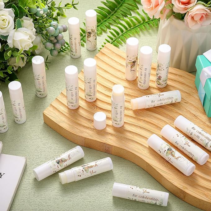 Dunzy 50 Pcs Thank You Gift Lip Balm Bulk Baby Shower Party Favors Bridal Shower Favor Lip Care with Assorted Fruit Flavors Thank You Lipstick for Guest Basket Gift Stuffer (Eucalyptus)-Velvo Beauty