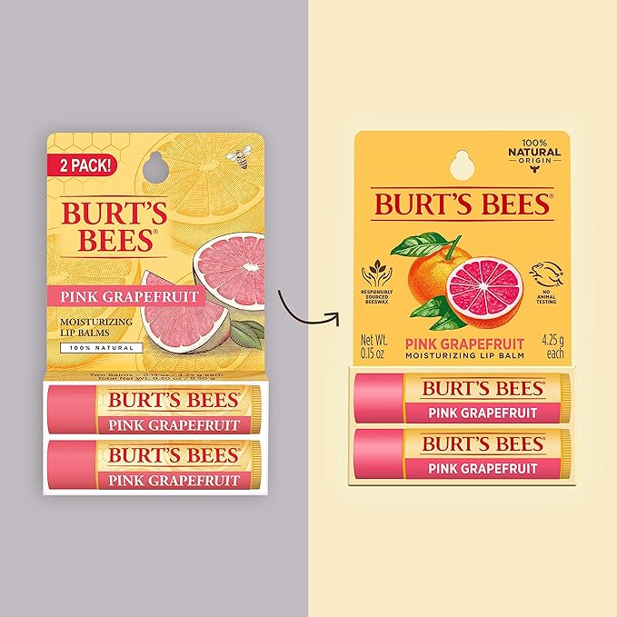 Burt's Bees Lip Balm - Pink Grapefruit, Lip Moisturizer With Responsibly Sourced Beeswax, Tint-Free, Natural Origin Conditioning Lip Treatment, 2 Tubes, 0.15 oz.-Velvo Beauty