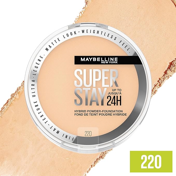 Maybelline Super Stay Up to 24HR Hybrid Powder-Foundation, Medium-to-Full Coverage Makeup, Matte Finish, 220, 1 Count-Velvo Beauty