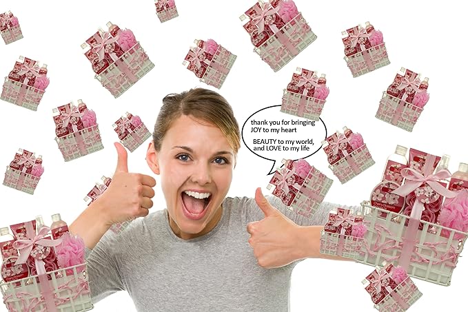 Spa Bath and Body - Spa Gift Baskets for Women & Girls, Cherry Fragrance, Spa Birthday Gift Includes Loofah Sponge, Bath Salt, Body Lotion, Soap Rose, Body Mist, Shower Gel Bubble Bath-Velvo Beauty