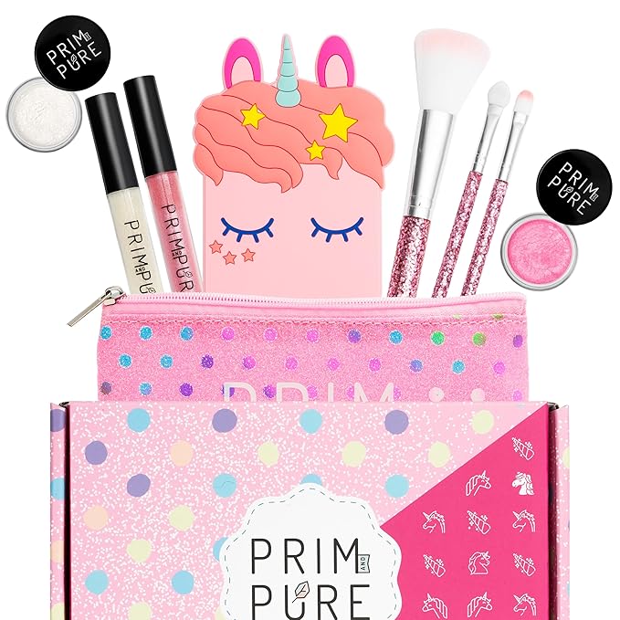 Prim and Pure Mineral Gift Set with Unicorn Mirror| Perfect for Play Dates & Birthday Parties | Kids Eyeshadow Makeup – Mineral Blush | Organic & Natural Makeup Kit for Kids| Made in USA (Pink)-Velvo Beauty