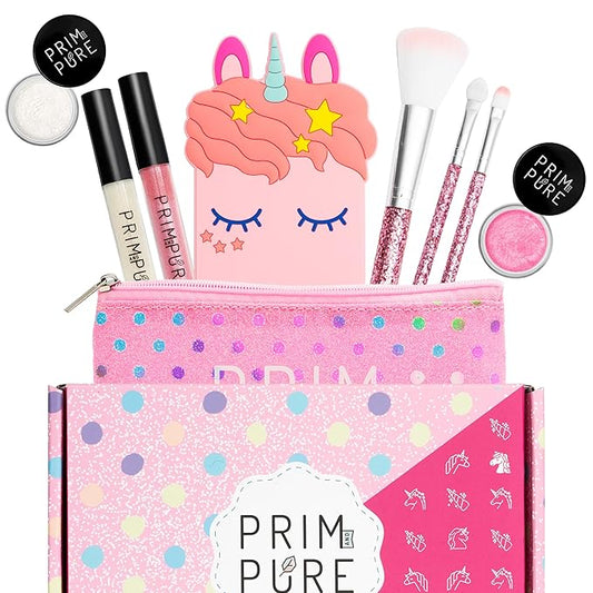 Prim and Pure Mineral Gift Set with Unicorn Mirror| Perfect for Play Dates & Birthday Parties | Kids Eyeshadow Makeup – Mineral Blush | Organic & Natural Makeup Kit for Kids| Made in USA (Pink)-Velvo Beauty