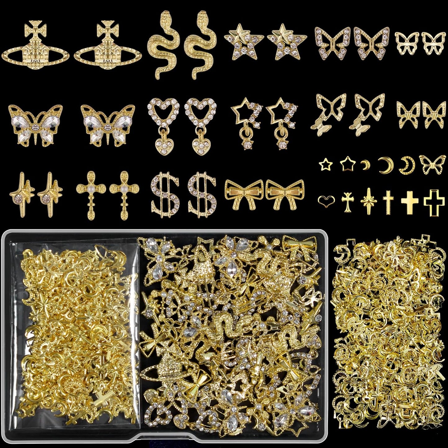 Artdone Nail Art Studs Kit, 3D Gold Cross Nail Charms and Diamond Butterfly Gems Bulk Nail Jewels Shiny Star and Moon for DIY Professional Manicures Decoration-Velvo Beauty