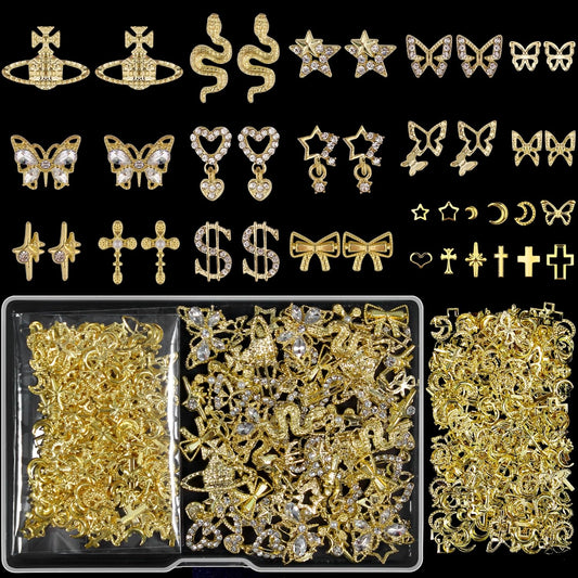 Artdone Nail Art Studs Kit, 3D Gold Cross Nail Charms and Diamond Butterfly Gems Bulk Nail Jewels Shiny Star and Moon for DIY Professional Manicures Decoration-Velvo Beauty