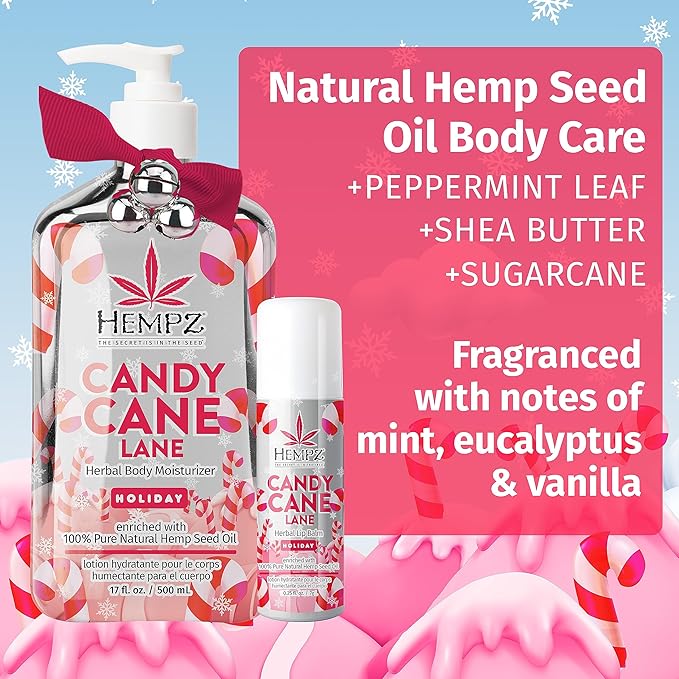 Hempz Holiday Gift Set, Candy Cane Lane Moisturizer (17 Oz) & Lip Balm (.44 Oz) – Holiday Moisturizing Lip Balm & Hydrating Lotion Skin Care Gift Set for Women & Men for Combatting Dry Lips & Skin-Velvo Beauty