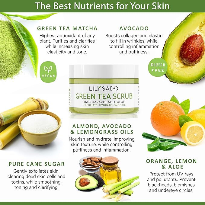 LILY SADO MATCHA MADE IN HEAVEN™ Sugar Facial Scrub - Best Daily Facial Exfoliating Cleanser for Women & Men - Vegan Face Wash Exfoliates Skin, Treats Acne, Reduces Pore Size - 4 oz-Velvo Beauty