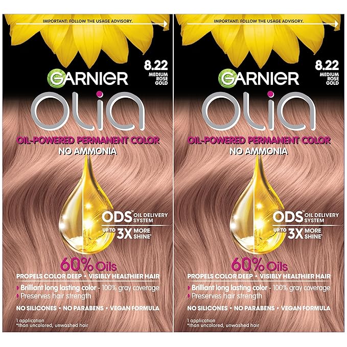 Garnier Hair Color Olia Ammonia-Free Brilliant Color Oil-Rich Permanent Hair Dye, 8.22 Medium Rose Gold, 2 Count (Packaging May Vary)-Velvo Beauty