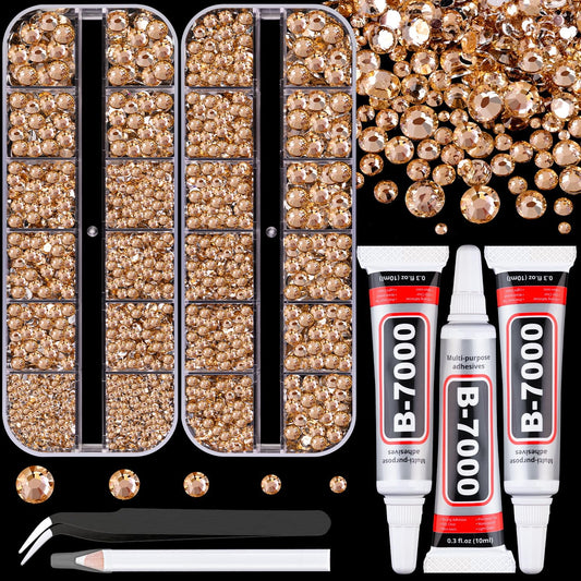 Resin Rhinestones for Crafting with B7000 Jewelry Glue, 2 Boxes Champagne Flatback Crystals with 3Pcs 10ml Glue for Bedazzling Crafts DIY Nail Art Makeup，Non Hotfix Gems for Clothing Shoes-Velvo Beauty