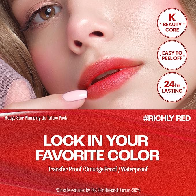 Rouge Star Plumping Lip Tattoo (0.17 oz) - 72-HR Long Lasting Waterproof Peel Off Lip Stain - Transfer-Proof, Non -Sticky Hydrating Matte Lip Tint Tattoo (Richly Red)-Velvo Beauty