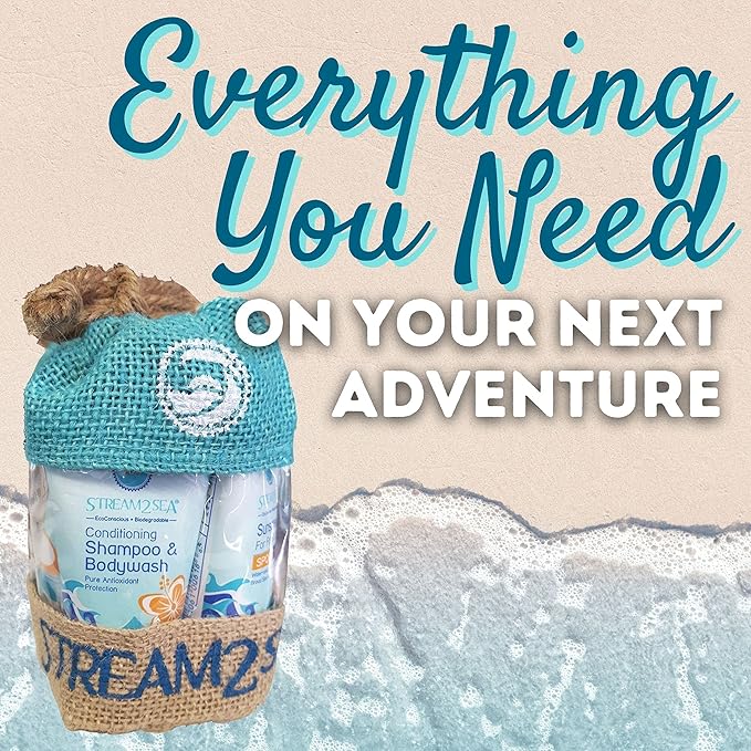 EcoConscious Travel Kit Body & Hair Care Gift Set | Shampoo & Body wash | Conditioner | SPF30, SPF20 and Mineral Sunscreen | SPF 30 Cucumber Mint and Hydrate Cherry Vanilla Lip Balm by Stream2Sea-Velvo Beauty