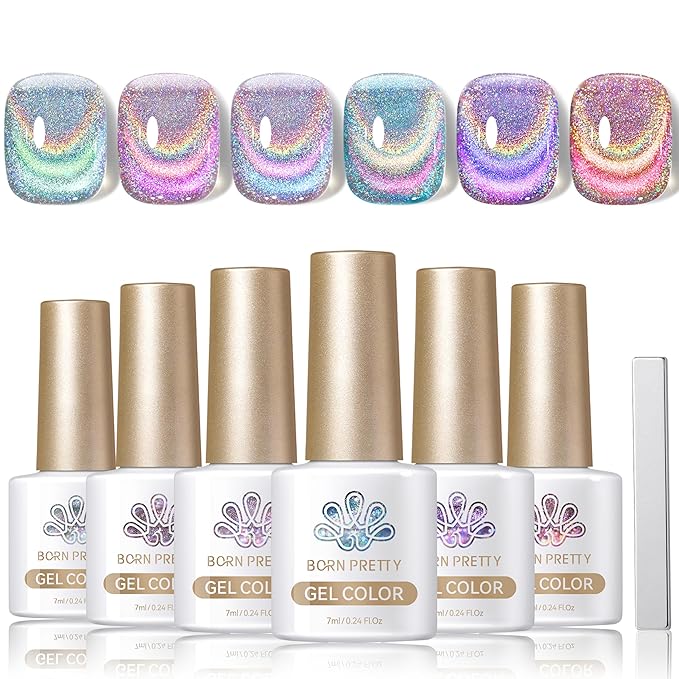 Born Pretty Magnetic Gel Nail Polish Holographic Glass Cat Magnetic Eye Gel Polish Nail Gel Soak Off Nail Art Salon Manicure Collection Gift 6pcs-Velvo Beauty