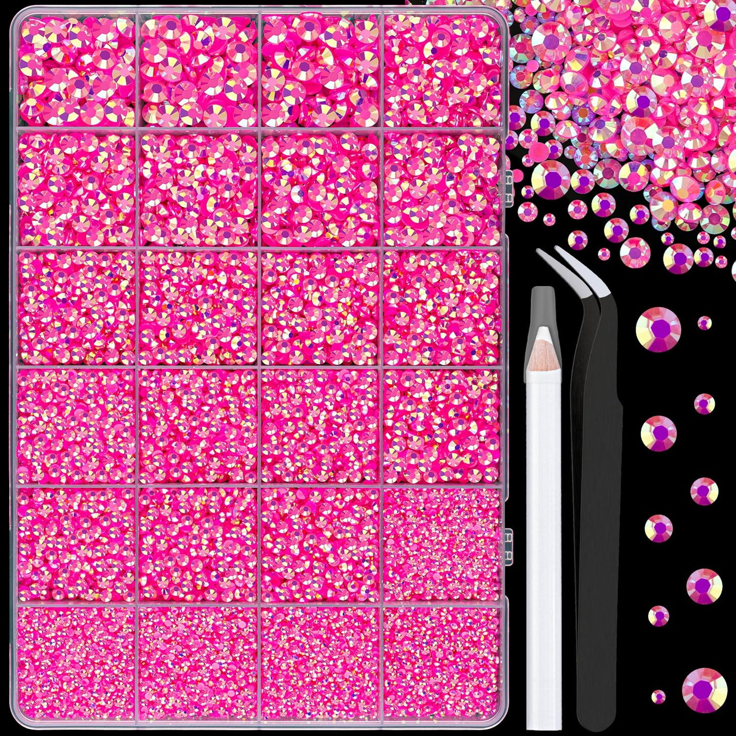 25000Pcs Resin Jelly Rhinestones with Tweezers for Crafting, Hot Pink AB 2-6mm Mixed Sizes Non Hotfix Flatback Gems, Bedazzling Crystal for DIY Crafts Clothing Tumblers Mugs Shoes Decor Nail Art-Velvo Beauty