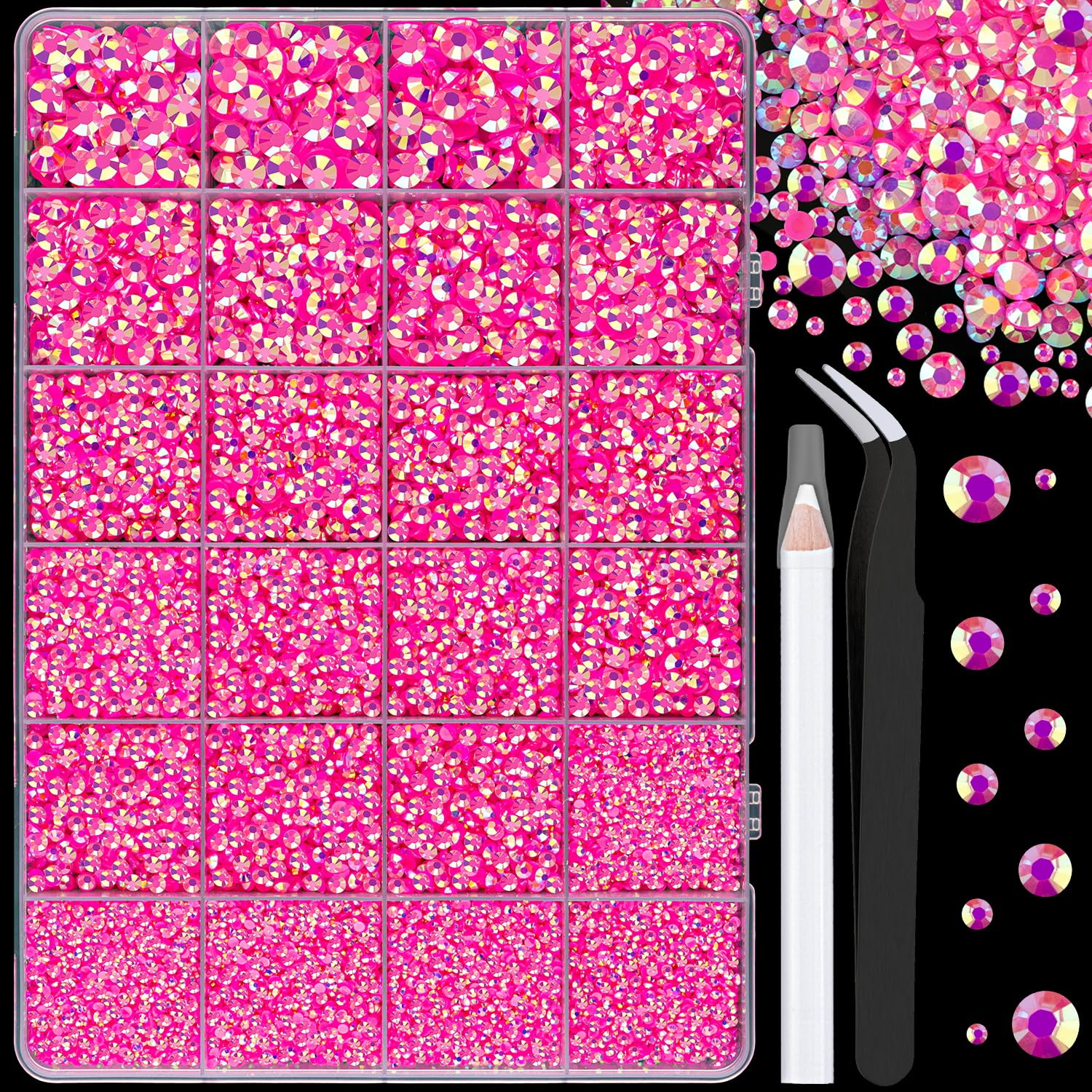 25000Pcs Resin Jelly Rhinestones with Tweezers for Crafting, Hot Pink AB 2-6mm Mixed Sizes Non Hotfix Flatback Gems, Bedazzling Crystal for DIY Crafts Clothing Tumblers Mugs Shoes Decor Nail Art-Velvo Beauty