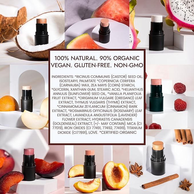 Organic Blush Tube, Brandy - 100% Natural Vegan Cream Blush Sticks, Multi-Use Bronzer, & Highlighter for Lips, Cheeks & Eyes, Buildable Shimmer, Gluten-Free, Paraben-Free, Made in USA-Velvo Beauty