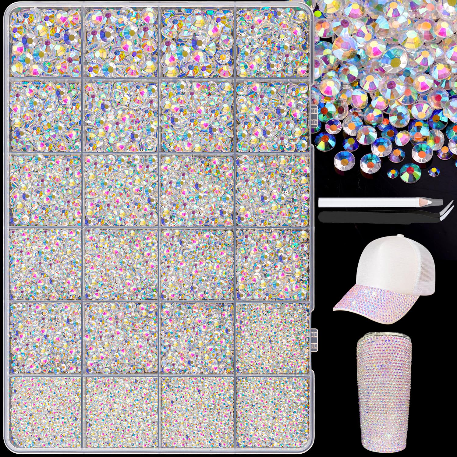 25000Pcs Resin Jelly Rhinestones with Tweezers for Crafting, 2-6mm Mixed Sizes (Transparent AB) Non Hotfix Flatback Gems, Bedazzling Crystal for DIY Crafts Clothing Tumblers Mugs Shoes Decor Nail Art-Velvo Beauty