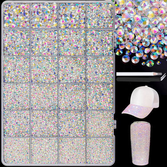 25000Pcs Resin Jelly Rhinestones with Tweezers for Crafting, 2-6mm Mixed Sizes (Transparent AB) Non Hotfix Flatback Gems, Bedazzling Crystal for DIY Crafts Clothing Tumblers Mugs Shoes Decor Nail Art-Velvo Beauty