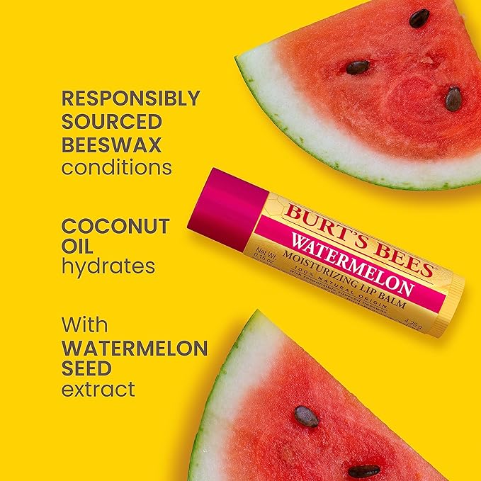 Burt's Bees Lip Balm - Watermelon, Lip Moisturizer With Responsibly Sourced Beeswax, Tint-Free, Natural Origin Conditioning Lip Treatment, 2 Tubes, 0.15 oz.-Velvo Beauty