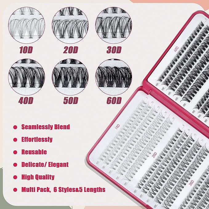 Lash Clusters 600PCS Lashes - Wispy Lash Clusters 10D 20D 30D+40D50D60D Individual Lashes Clusters D Curl Lash Extension 8-16MM Eyelash Clusters DIY Cluster Eyelash Extensions for Beginners Eyelashes-Velvo Beauty