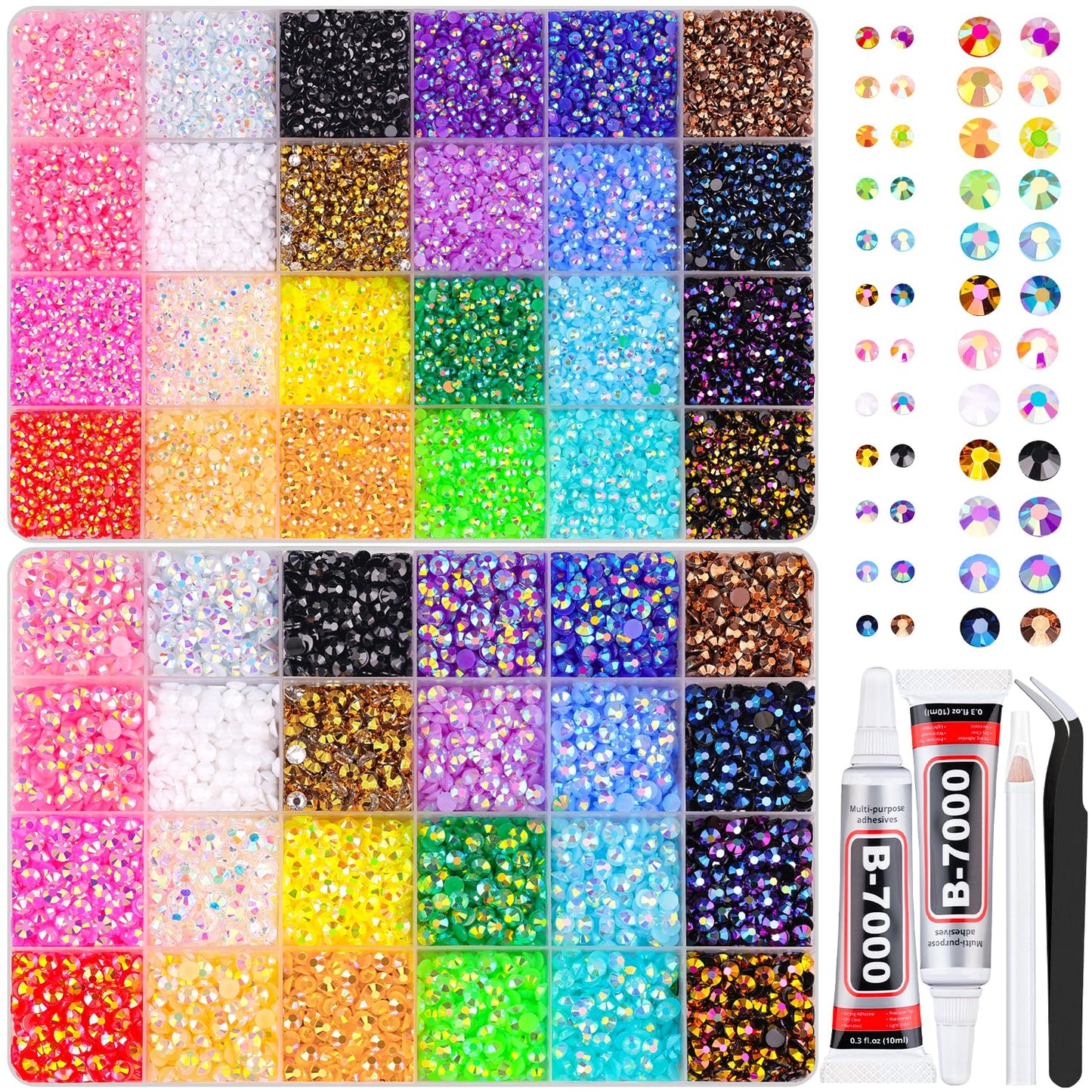 2 Boxes Jelly Rhinestones for Bedazzling, 30600Pcs 3mm & 5mm Multicolor Flatback Resin Gems for Crafting, Bedazzler Kit with 2Pcs 10ml B7000 Jewelry Glue for DIY Crafts Book Fabric Decor Nail Art-Velvo Beauty