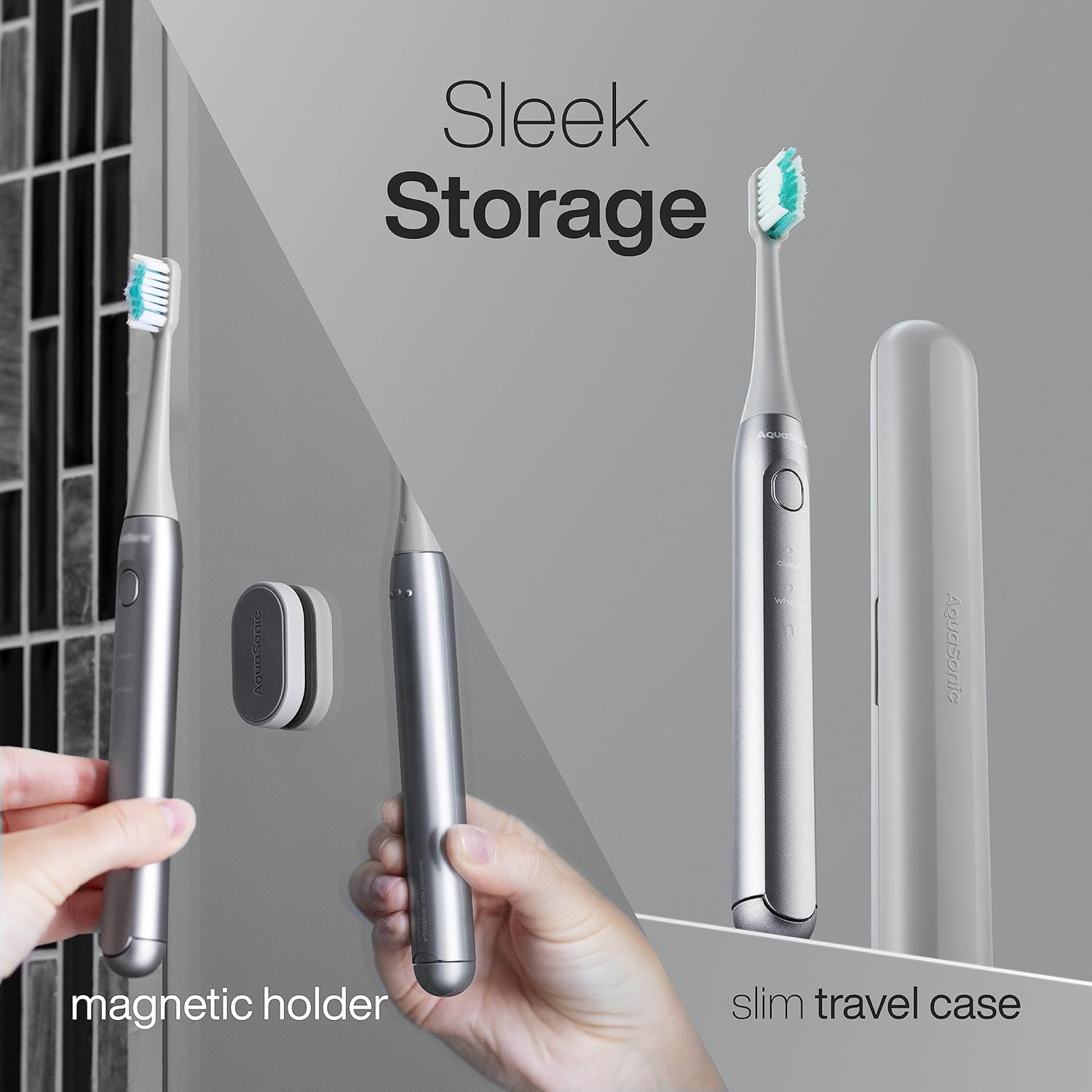 Aquasonic Icon ADA-Accepted Rechargeable Toothbrush | Magnetic Holder & Slim Travel Case | 2 Brushing Modes & Smart Timers | Gentle Micro-Vibrations (Stone)-Velvo Beauty