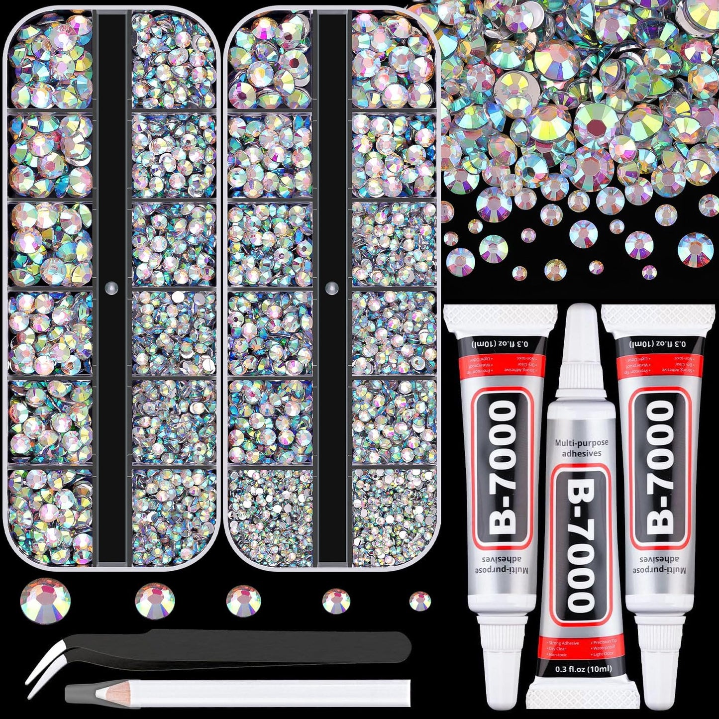 Resin Rhinestones for Crafting with B7000 Jewelry Glue, 2 Boxes AB Flatback Crystals with 3Pcs 10ml Glue for Bedazzling Crafts DIY Nail Art Makeup，Non Hotfix Gems for Clothing Shoes-Velvo Beauty