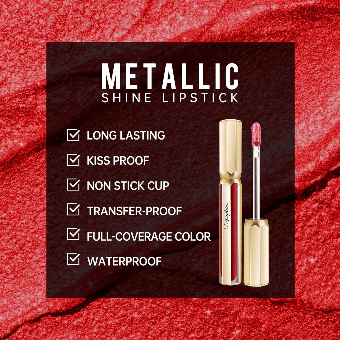 Dark Red Lipsticks for Women Metallic Lipstick Long Lasting Non Stick Cup Lip Gloss, Metal Shine Lightweight Hydrating Full Coverage Lip Color, DP104 Impassion-Velvo Beauty
