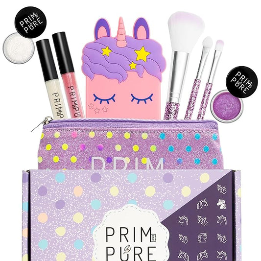Prim and Pure Mineral Gift Set with Unicorn Mirror| Perfect for Play Dates & Birthday Parties | Kids Eyeshadow Makeup – Mineral Blush | Organic & Natural Makeup Kit for Kids| Made in USA (Purple)-Velvo Beauty