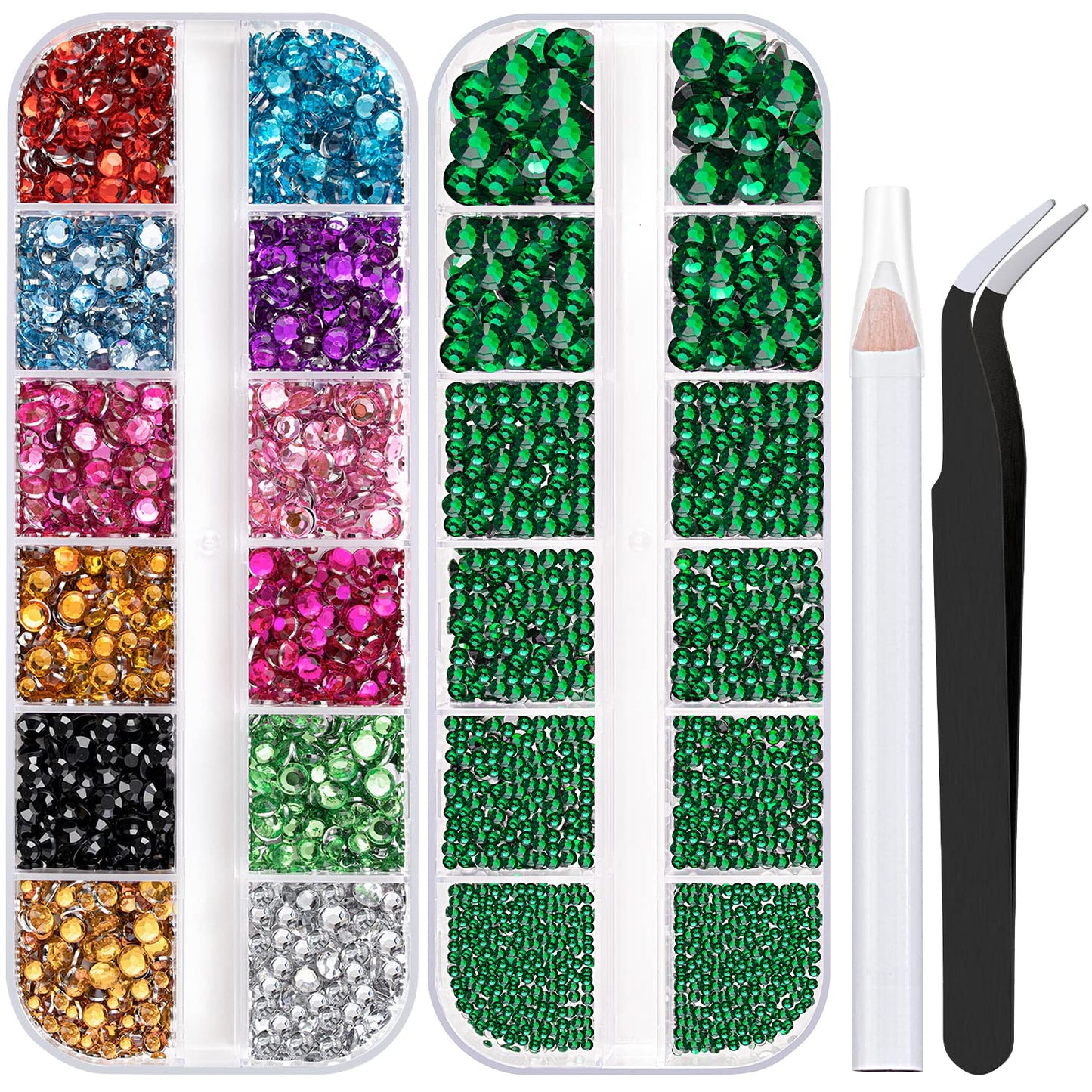 Two Packs of Flatback Rhinestones 4520 Pcs Colorful Nail Art Rhinestones Flatback Crystal Colorful+Dark Green Rhinestone with Picker Pencil and Tweezer for Nail Art and Decoration-Velvo Beauty
