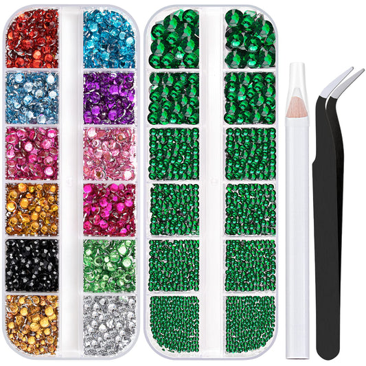 Two Packs of Flatback Rhinestones 4520 Pcs Colorful Nail Art Rhinestones Flatback Crystal Colorful+Dark Green Rhinestone with Picker Pencil and Tweezer for Nail Art and Decoration-Velvo Beauty