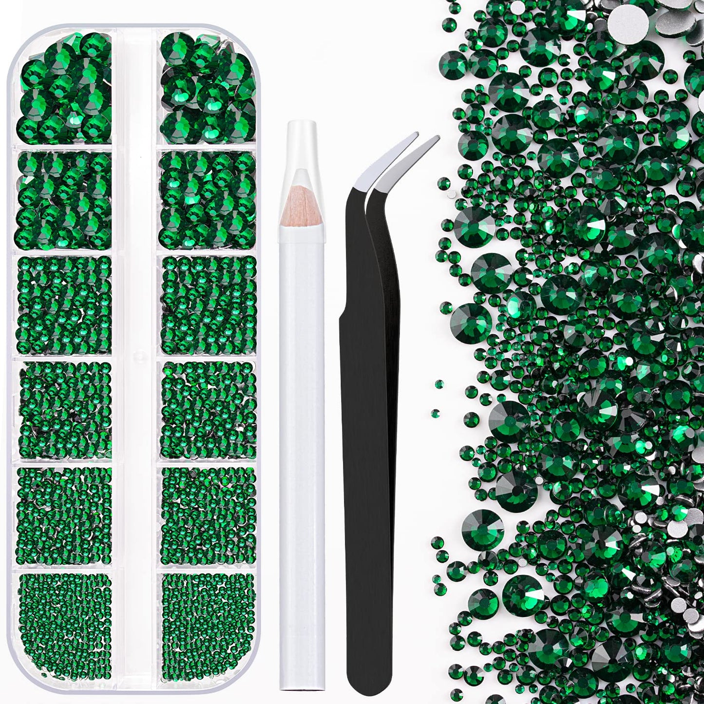 One Pack 2000 Pcs of Flatback Round Dark Green Rhinestones 6 Sizes (1.5-6 mm) with Nail Art Rhinestone Picker Pencil and Tweezers for DIY and Salon Use-Velvo Beauty