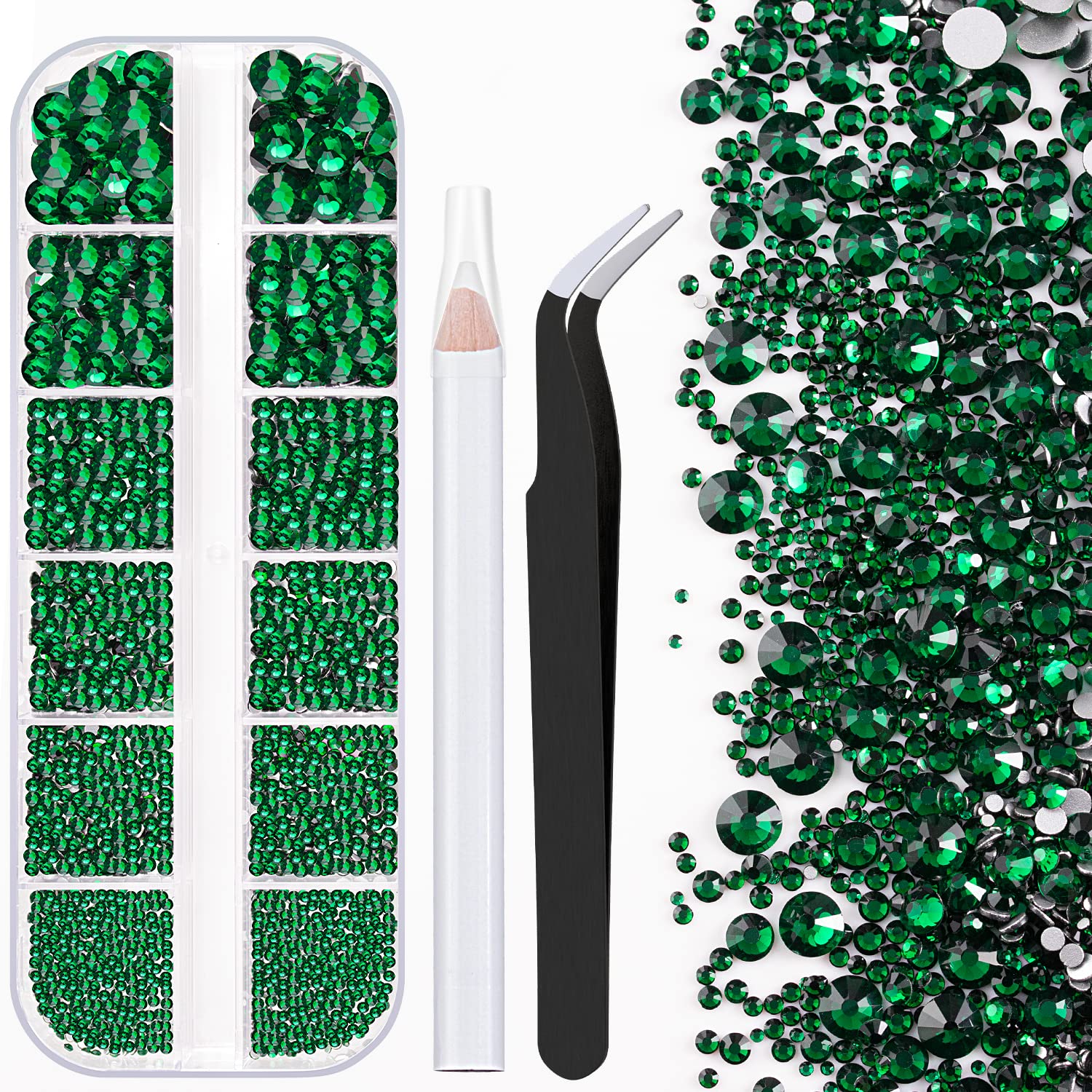 One Pack 2000 Pcs of Flatback Round Dark Green Rhinestones 6 Sizes (1.5-6 mm) with Nail Art Rhinestone Picker Pencil and Tweezers for DIY and Salon Use-Velvo Beauty