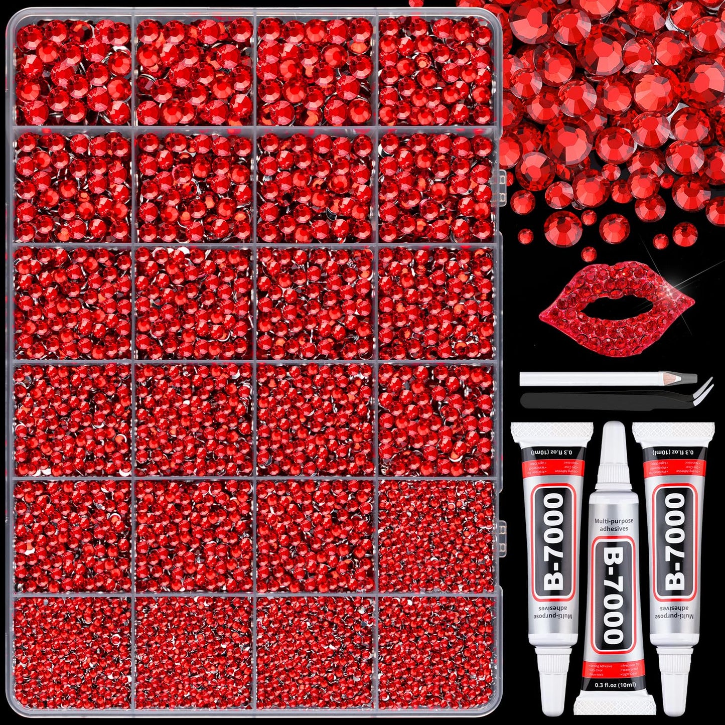 30000Pcs Resin Red Rhinestones with B7000 Jewelry Glue for Crafting, 2-6mm Non Hotfix Flatback Gems, Bedazzling Crystal for DIY Crafts Clothing Tumblers Mugs Shoes Fabric Decor Nail Art-Velvo Beauty