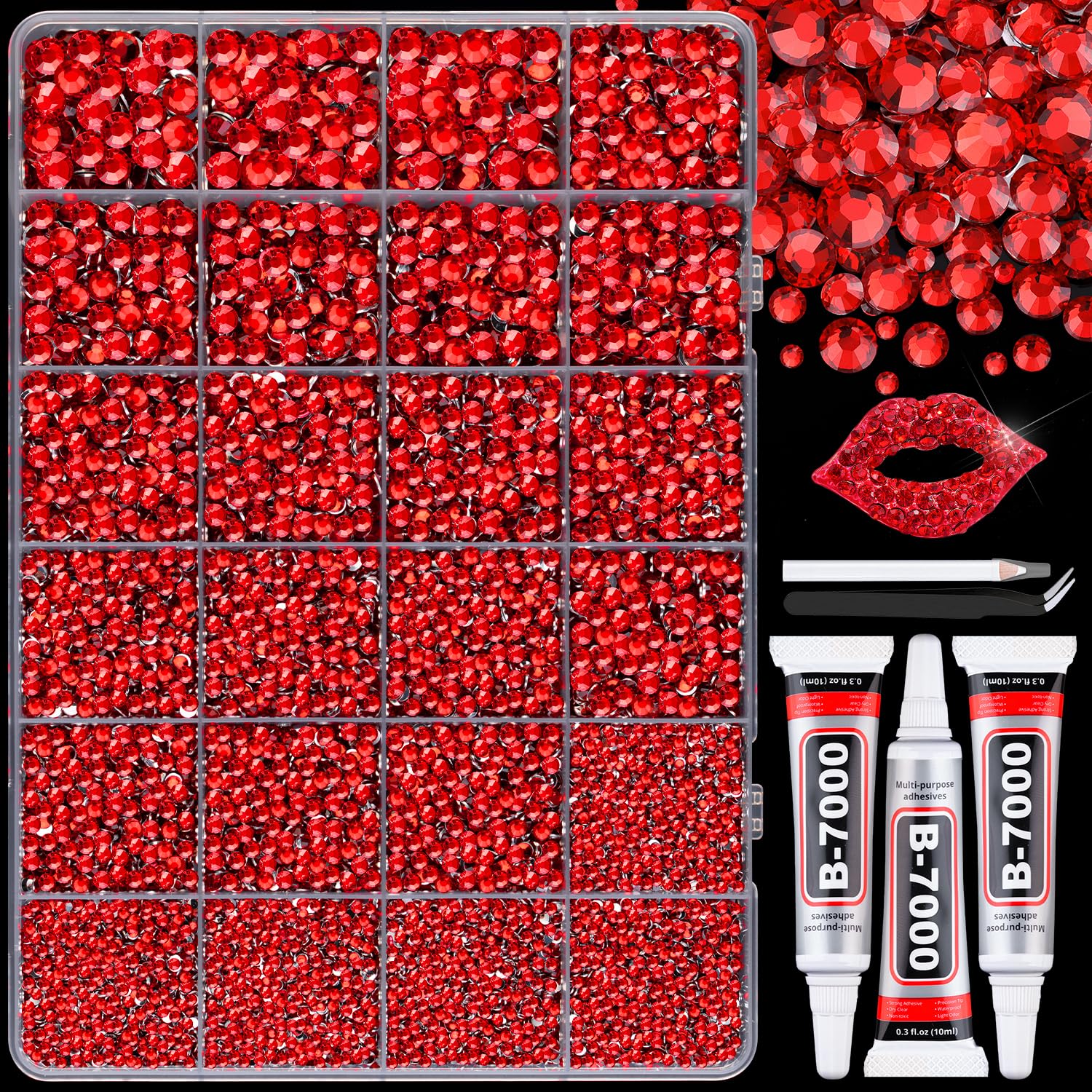30000Pcs Resin Red Rhinestones with B7000 Jewelry Glue for Crafting, 2-6mm Non Hotfix Flatback Gems, Bedazzling Crystal for DIY Crafts Clothing Tumblers Mugs Shoes Fabric Decor Nail Art-Velvo Beauty