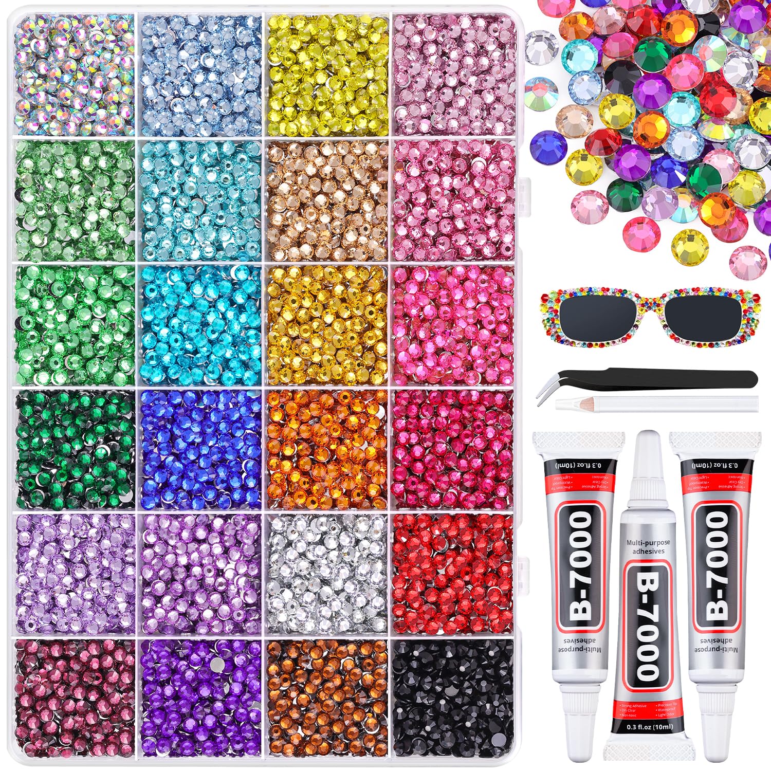 12600Pcs Resin Rhinestones for Bedazzling with 3Pcs B7000 Jewelry Glue, Multicolor 4mm Flatback Gems Rhinestones for Crafting, Clothing Tumblers Mugs Shoes Fabric Decor Nail Art-Velvo Beauty