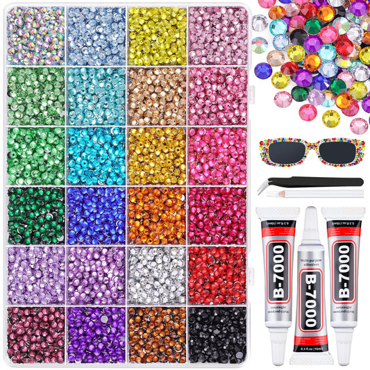 12600Pcs Resin Rhinestones for Bedazzling with 3Pcs B7000 Jewelry Glue, Multicolor 4mm Flatback Gems Rhinestones for Crafting, Clothing Tumblers Mugs Shoes Fabric Decor Nail Art-Velvo Beauty