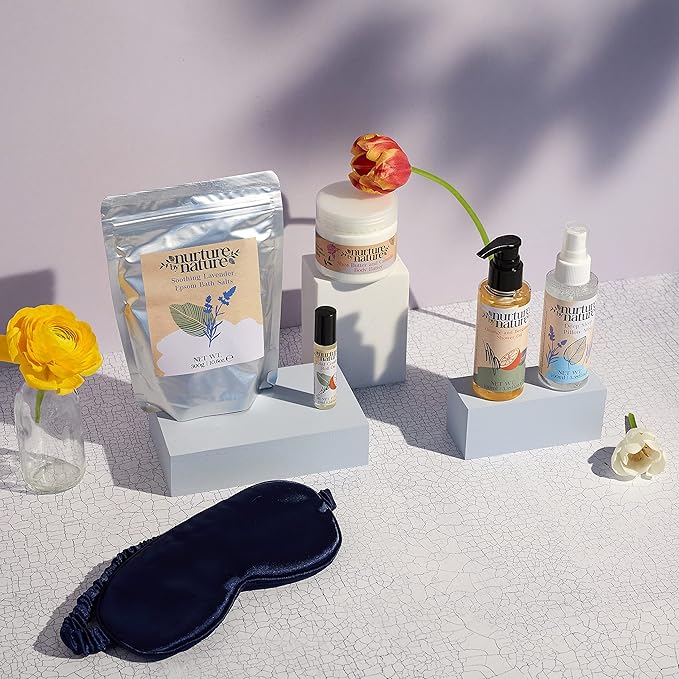 Nurture by Nature's MOMENT FOR MAMA Gift Set, Lavender Pillow Mist, Spa Gift Baskets for Women, 6 Pcs Per Bath Set, Mom Spa Gift Set, Relaxation Kit, Body butter, Shower Oil, Essential Oil Roll on-Velvo Beauty