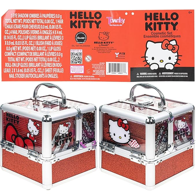 Hello Kitty - Townley Girl Train Case Cosmetic Makeup Set Includes Lip Gloss, Eye Shimmer, Nail Polish, Hair Accessories & More! For Girls, Ages 3+ Perfect for Parties & Makeovers-Velvo Beauty