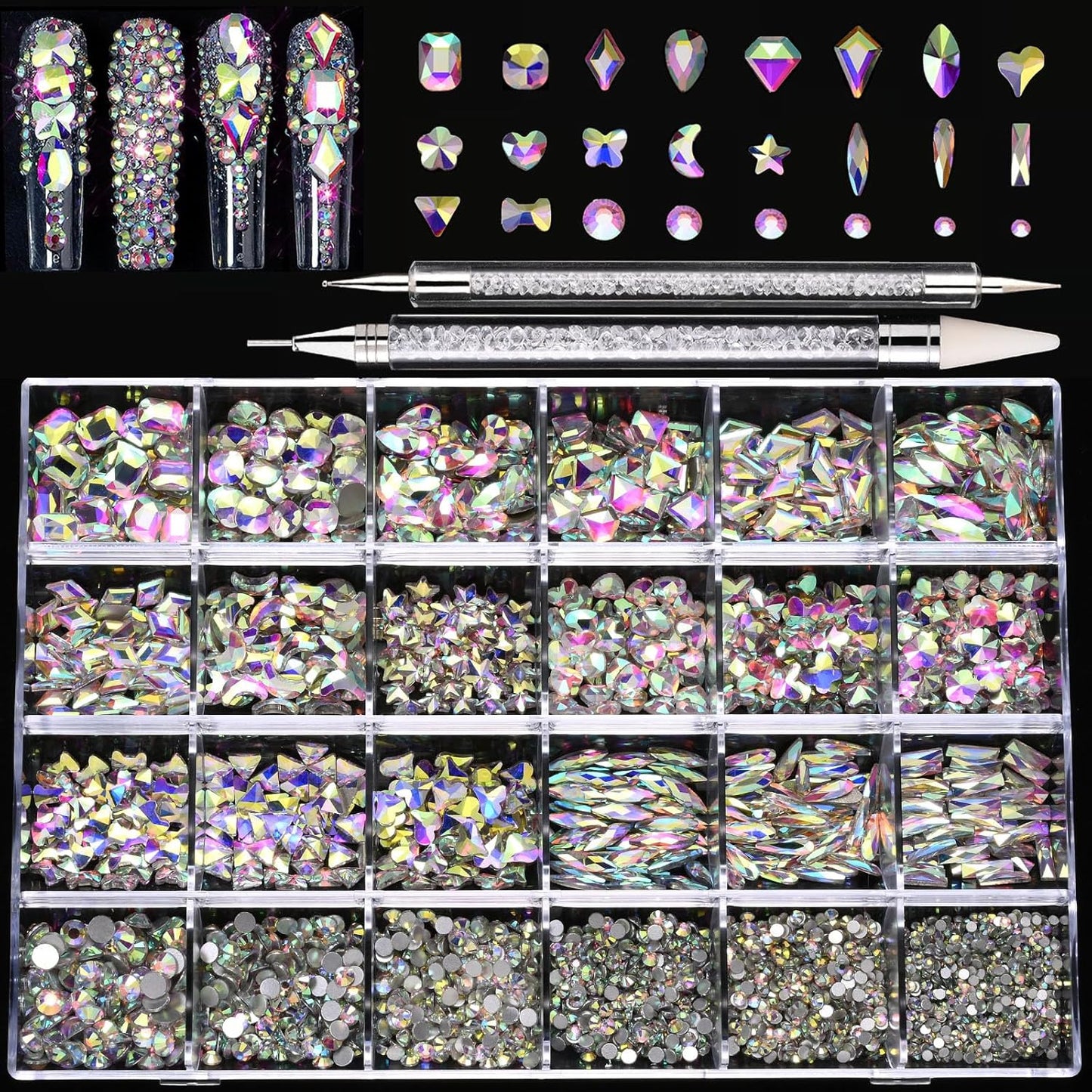 Nail Rhinestones Kit, 18 Types of 900 Special-Shaped Diamonds + 3200 Flat-Bottomed Nail Rhinestones, Nail Crystal DIY Crafts Gemstones for Nail, Shoes, Clothes, Jewels-Velvo Beauty