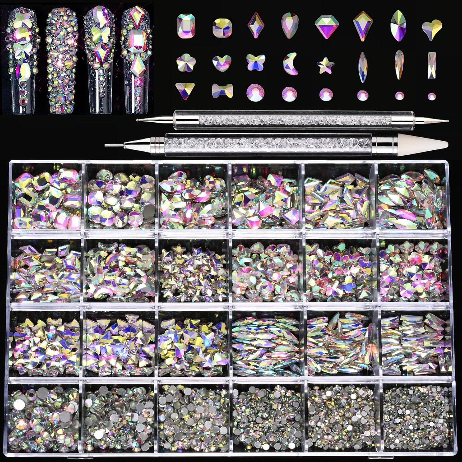 Nail Rhinestones Kit, 18 Types of 900 Special-Shaped Diamonds + 3200 Flat-Bottomed Nail Rhinestones, Nail Crystal DIY Crafts Gemstones for Nail, Shoes, Clothes, Jewels-Velvo Beauty