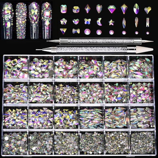 Nail Rhinestones Kit, 18 Types of 900 Special-Shaped Diamonds + 3200 Flat-Bottomed Nail Rhinestones, Nail Crystal DIY Crafts Gemstones for Nail, Shoes, Clothes, Jewels-Velvo Beauty