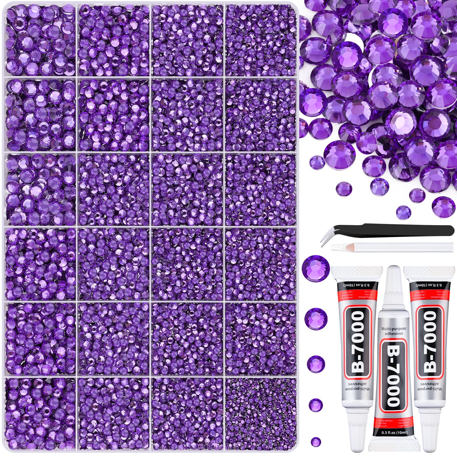 30000Pcs Resin Purple Rhinestones for Bedazzling Crafting with b7000 Jewelry Glue, Bulk Flatback Gems Bedazzler Kit for Crafts Clothes Shoes Fabric Nail Diamond Art, Assorted Size 2/3/4/5/6mm-Velvo Beauty