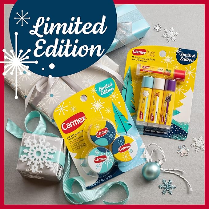 Carmex Lip Balm Limited Edition Holiday Packs: Carmex Daily Care Sticks, 4 count (1 pack), Carmex Medicated Jars, 3 Count (1 pack)-Velvo Beauty