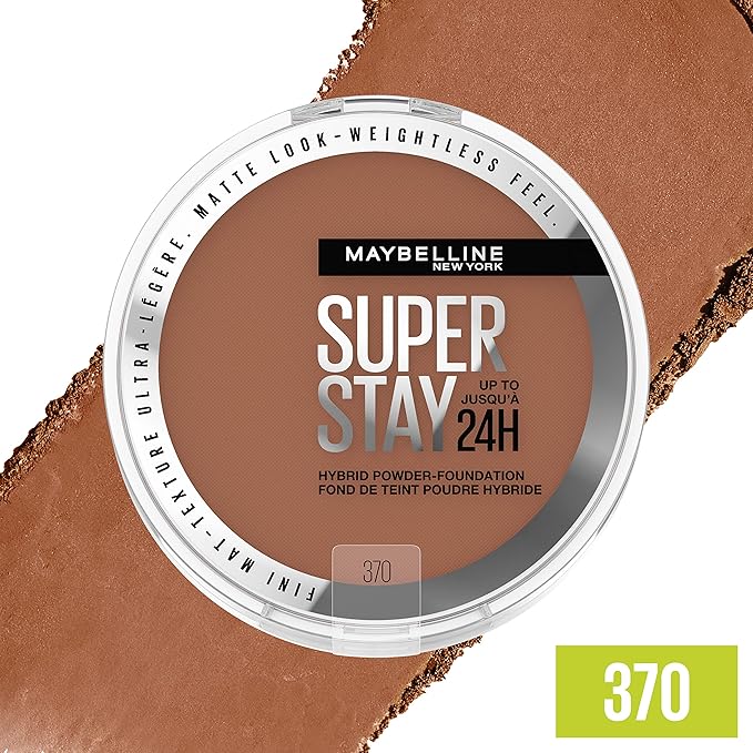 Maybelline Super Stay Up to 24HR Hybrid Powder-Foundation, Medium-to-Full Coverage Makeup, Matte Finish, 370, 1 Count-Velvo Beauty