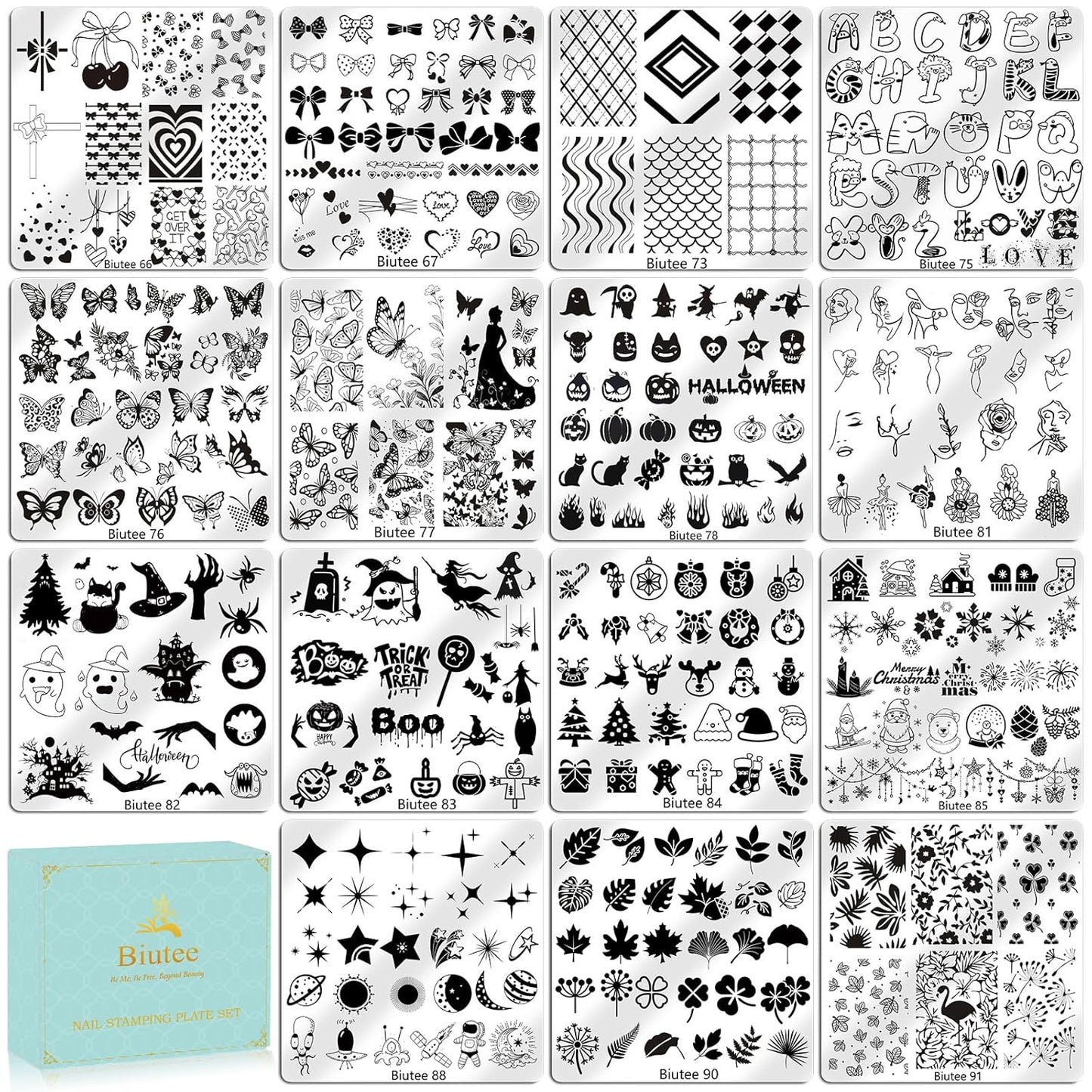 Biutee Nail Stamping Plate 15PCS Nail Stamper Kit Nail Art Stamping Plates Set with Nail Stamper, Scraper & Storage Bag, Nail Stamping Kit Star Bowknot Love Butterfly Leaf Halloween Design Template-Velvo Beauty